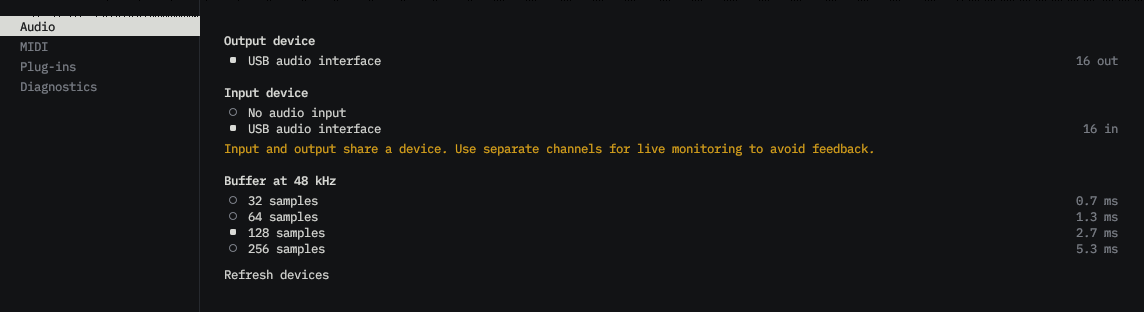 Superposition audio setup with input and output device selection and four buffer sizes at 48 kHz.