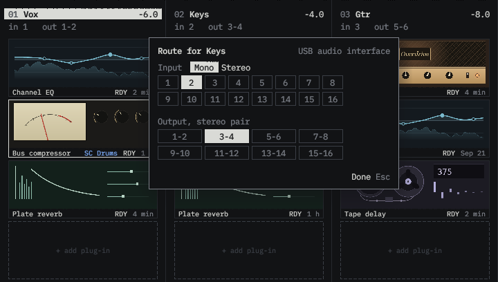 Superposition routing controls for the Keys rack, with input 2 and stereo outputs 3–4 selected.