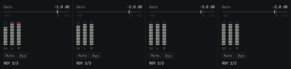 Chorus scene: rack levels, mute states and meters in Superposition.