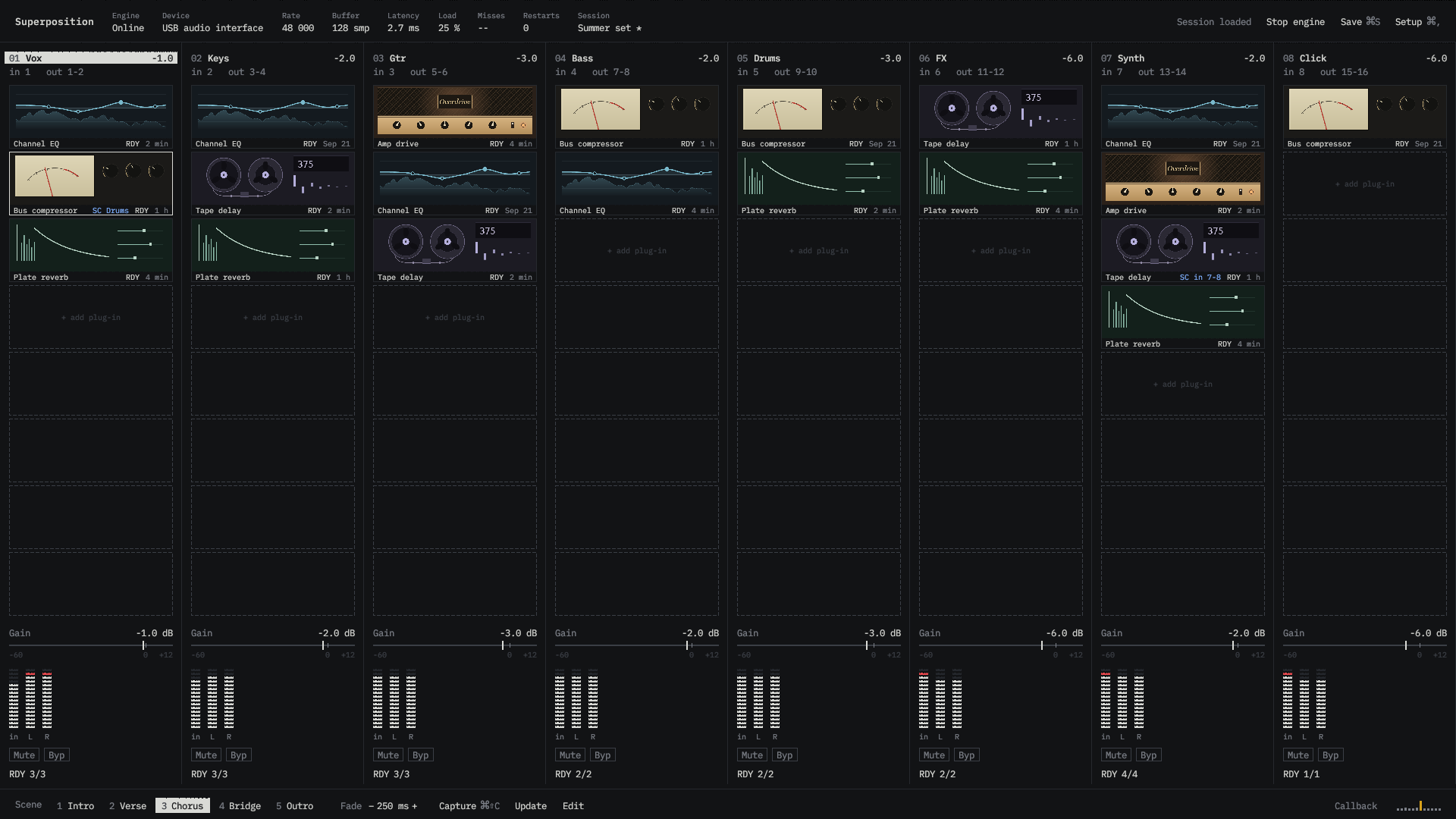 Superposition show screen with eight racks and the Chorus scene selected.